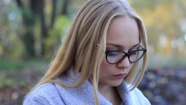 Schöne Mädchen in der Nähe des Wasserfalls mit einer Tablette Arbeit — Stockvideo