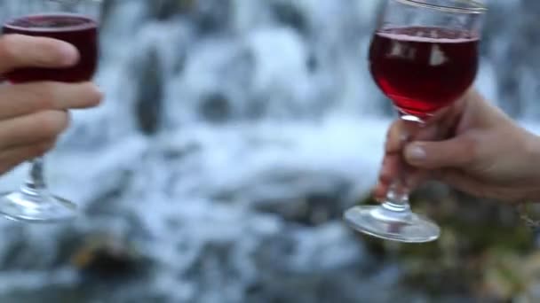 Copos de vinho na mão masculina e feminina em contato uns com os outros — Vídeo de Stock