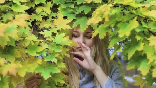 Flicka i höst park med bladverk — Stockvideo