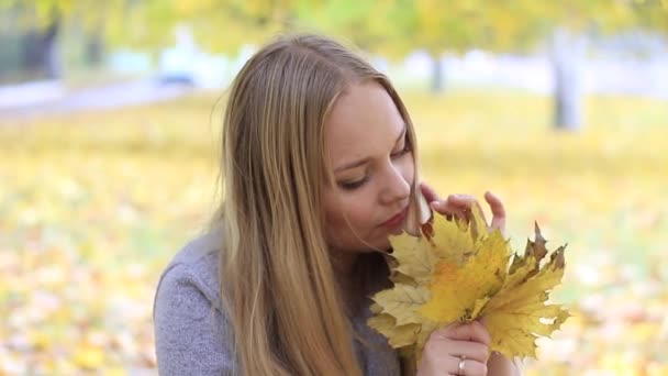 Девушка в осеннем парке с листвой — стоковое видео