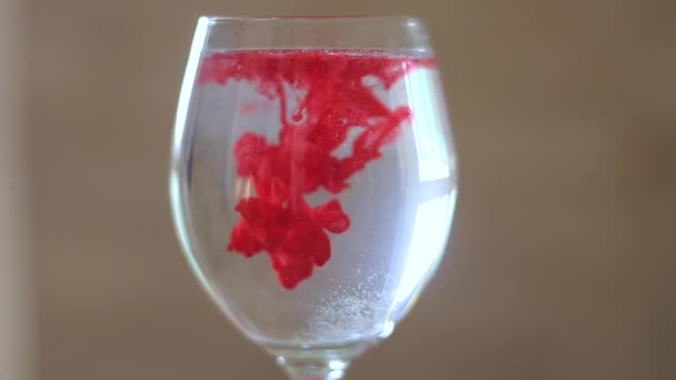 Glas met water met rode verf. — Stockvideo