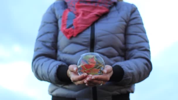 Дівчина тримає вазу, акваріум — стокове відео