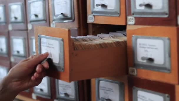 Concept de base de données. main humaine ouvre une carte de bibliothèque ou une boîte de catalogue de fichiers . — Video