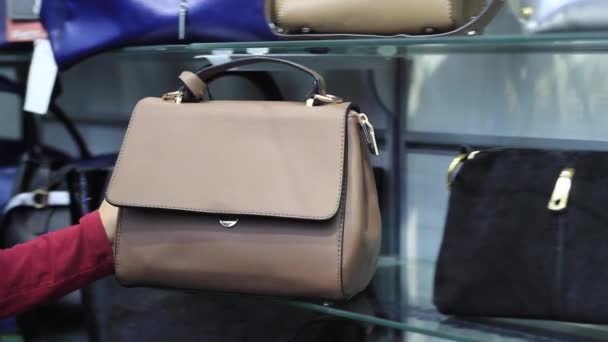 Mani femminili sceglie una borsa femminile nel negozio — Video Stock