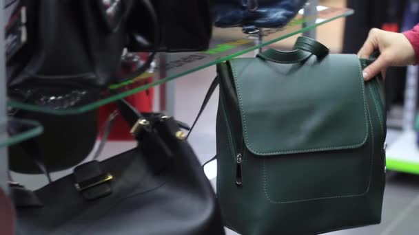 Mãos femininas escolhe uma bolsa feminina na loja — Vídeo de Stock