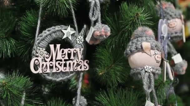 Peluches de Noël sur le sapin de Noël. Année de Noël du cochon — Video