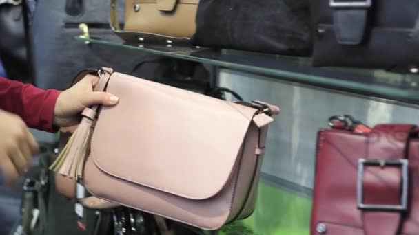 Женские руки выбирают женскую сумочку в магазине — стоковое видео