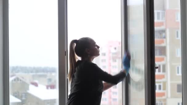Girl washes a window in the apartment. — Stock Footage Girl washes a window in the apartment. Stock Footage