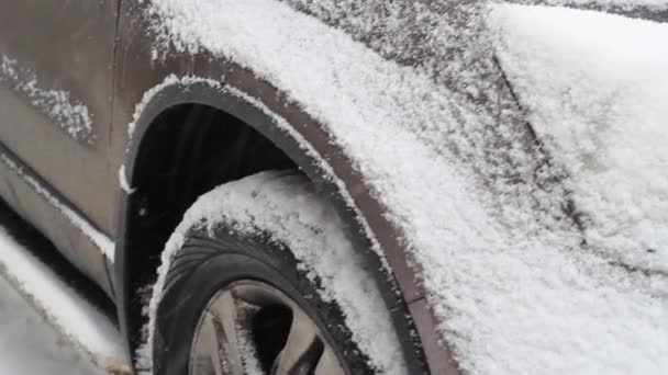 Close-up van de zijruiten van een auto in de sneeuw — Stockvideo