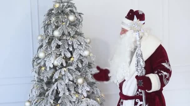 Санта Клаус возле рождественской елки на Рождество — стоковое видео