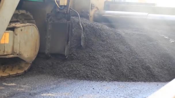 Cubo de nivelador que extiende la miga de asfalto con la miga de asfalto — Vídeos de Stock