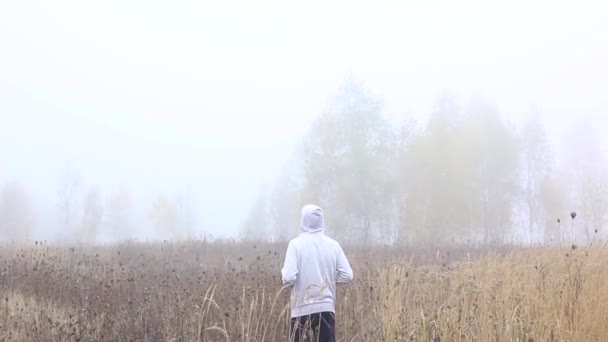 Ένας μοναχικός τύπος σε ένα χωράφι γύρω από ένα τούβλο. Άποψη από πίσω — Αρχείο Βίντεο