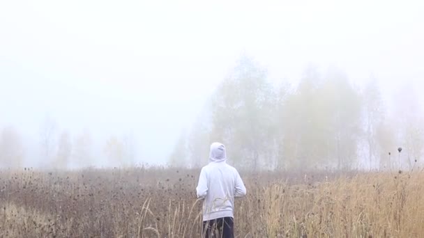 Egy magányos fickó a mezőn egy tum körül. Kilátás hátulról — Stock videók