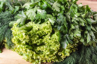 Taze kokulu dereotu ve maydanoz marul yaprakları ile bir sürü. Vejetaryen ve çiğ gıda. Sağlıklı gıda. Yeşil ve doğal yemekler. Fitness baharat ve iyi yemek için soyunma.