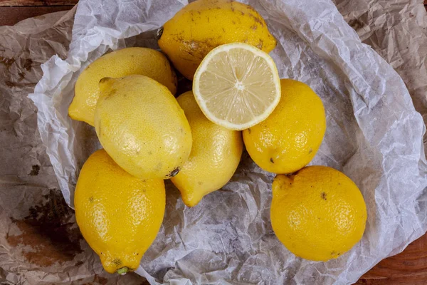 Beaucoup Citrons Oranges Sur Une Table Bois Thème Des Agrumes — Photo