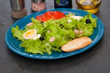 Ton balıklı salata, yumurta, domates, zeytin, baharat ve kızarmış ekmek, sos veya yağlı mavi tabak, yakın plan..