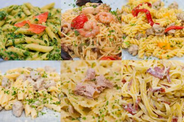 Peynirli, etli ve sosisli İtalyan makarnası, domates sosu, kırmızı balık veya somon, ıspanak, midim ve karides.