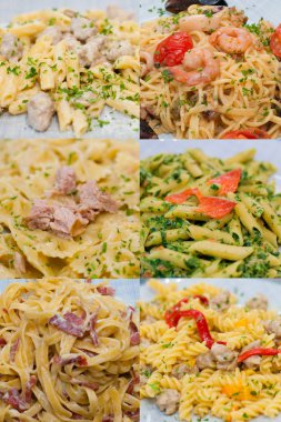 Peynirli İtalyan makarnası, et ve sosis, domates sosu, kırmızı balık veya somon, ıspanak, midim ve karides. Altı fotoğraflık kolaj