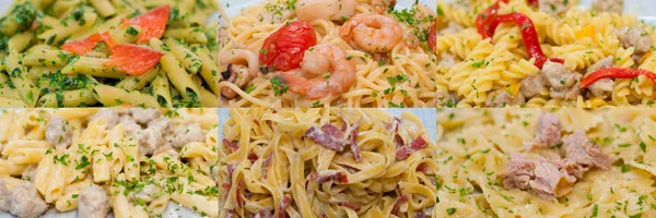 Collage, deliciosa pasta italiana con queso, carne y salchicha, salsa de tomate, pescado rojo o salmón, espinacas, midi y camarones . —  Fotos de Stock
