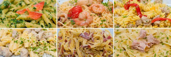 Collage, deliciosa pasta tradicional italiana con queso, carne y salchicha, salsa de tomate, pescado rojo o salmón, espinacas, midi y camarones . —  Fotos de Stock