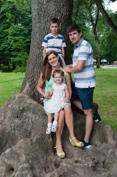 美しい古い木の近くの公園で夏の子供たちと家族 — ストック写真