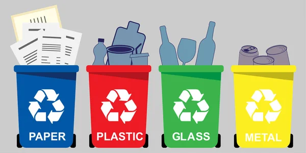 Vier Selektive Abfallbehälter Für Papier Kunststoff Glas Metall — Stockvektor