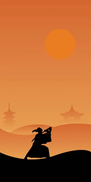 Samurai Krieger Freien Auf Orangefarbenem Hintergrund Konzeptioneller Vektor — Stockvektor