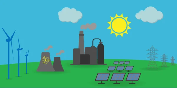 Diferentes Fuentes Energía Eólica Solar Atómica Eléctrica Combustibles Fósiles — Vector de stock