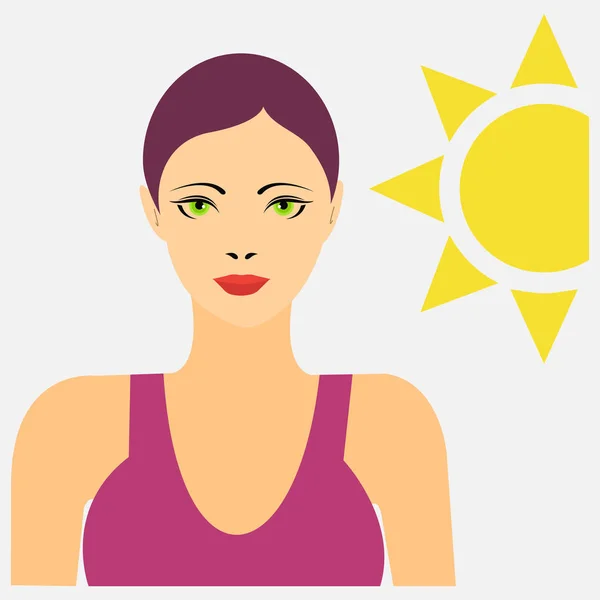水着姿の後ろに太陽を持つ女性の肖像画 — ストックベクタ