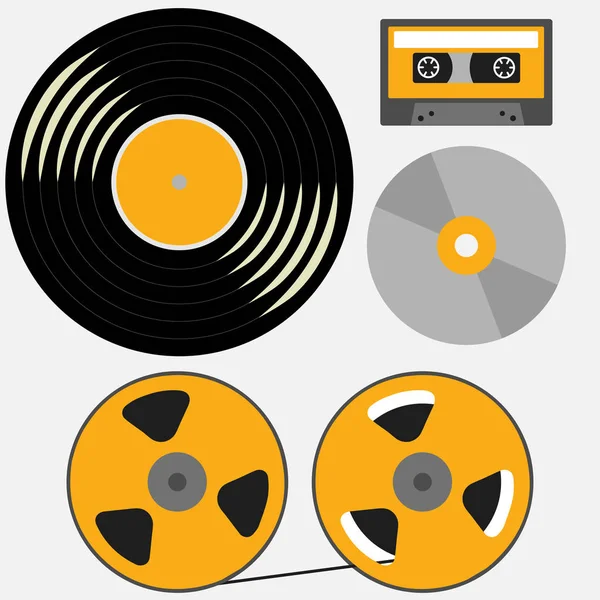 Verschiedene Musikschallplatten Vinyl Audiokassette Compact Disk Bandspule Bandspule — Stockvektor