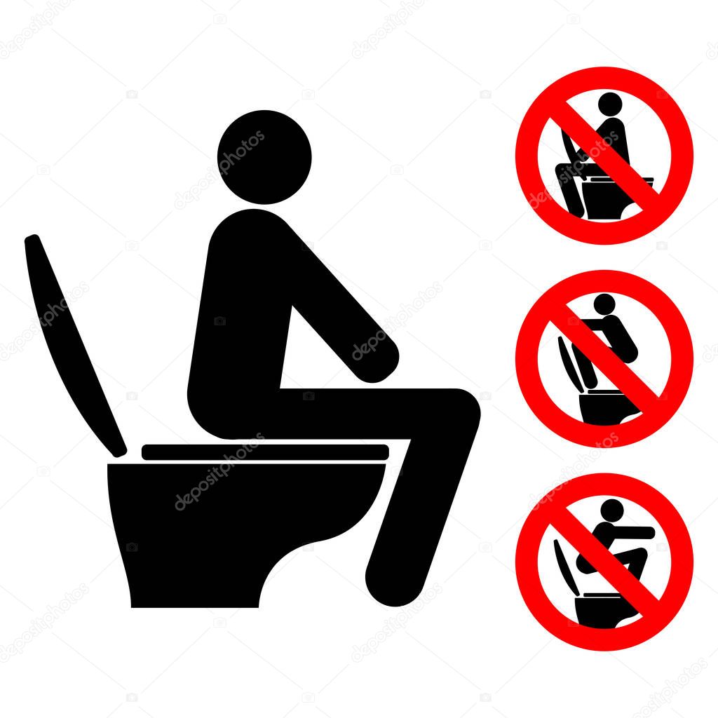Always sit down when using toilet symbol and the prohibited uses of the toilet