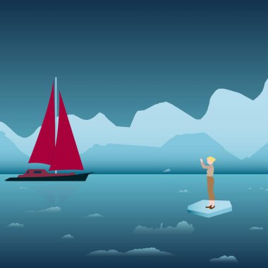 Buz üstündeki kadın bir gemiye yardım için el sallıyor.