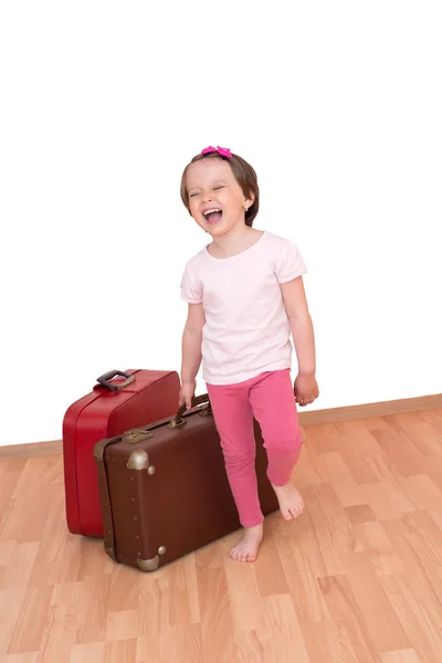 Little Girl Luggage Ready Leave Isolated Clipping Path Royalty Free Stock Images