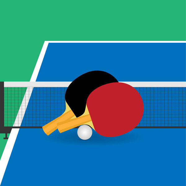 Table tennis rackets and ball neat the net