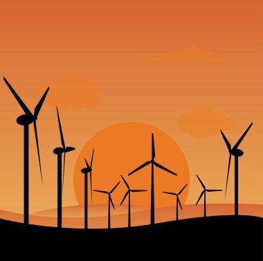 Gün batımında elektrik yel değirmenleri siluetleri, yeşil enerji konsepti