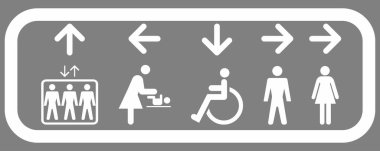 Interior signage system for elevator and for restrooms: ladies, men, disabled, diaper changing toilet clipart