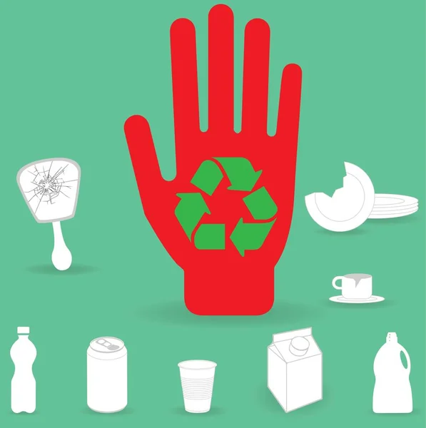 Mâna Roșie Simbol Reciclare Împreună Oglindă Spartă Placă Ceașcă Sticlă — Vector de stoc