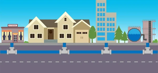 Bir kasabada su besleme boruları ve su arıtma ve arıtma tesisi