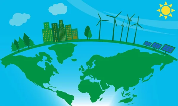 Green Energy Concept Windmills Solar Panels Apartment Building Earth Globe — Stock Vector