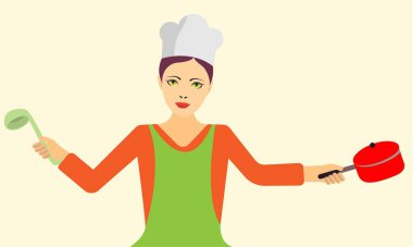 Aşçı kadın elinde bir tava ve kepçe tutuyor.