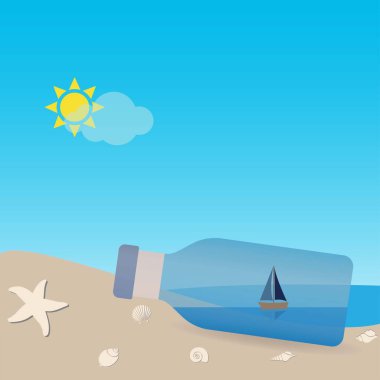 Deniz manzaralı bir şişede yelkenli, kavramsal vektör.