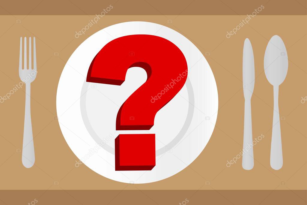 Empty plate with question mark on it and cutlery on the sides