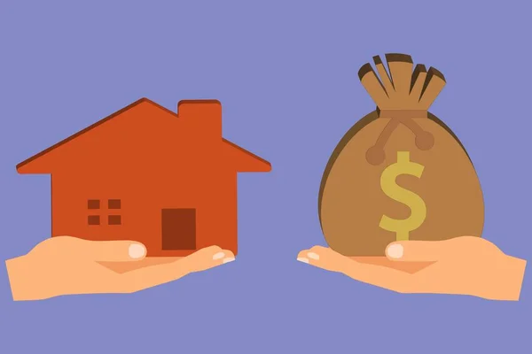 Mãos Segurando Uma Casa Saco Dinheiro Comprando Conceito Casa — Vetor de Stock