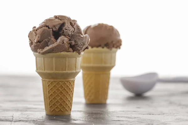 Close Two Chocolate Ice Cream Cones — Stock Photo, Image