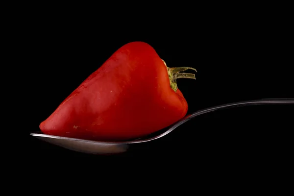 Close Photo Bright Red Pepper Metal Spoon — Stock Photo, Image
