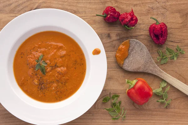 View Preparing Hot Red Pepper Soup Some Ingredients — Stock Photo, Image