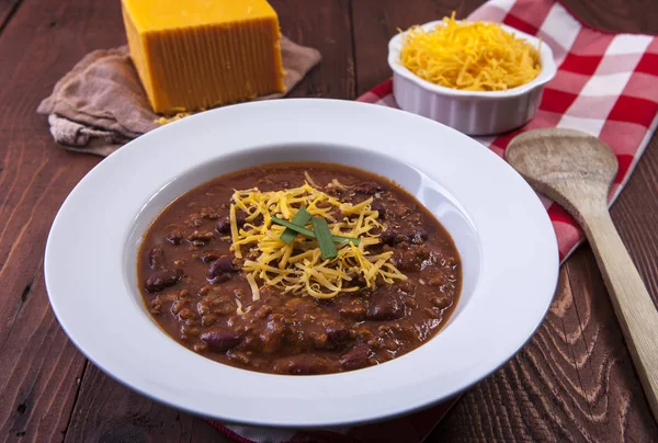 Close Bowl Chili Chedder Cheese Background — Stock Photo, Image