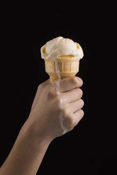 Holding Melting Vanilla Ice Cream Cone Drippng Hand — Stock Photo, Image