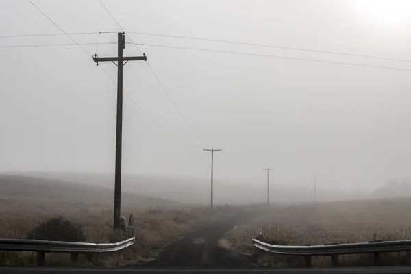 Poteaux téléphoniques le long d'une charge latérale par un matin brumeux . — Photo