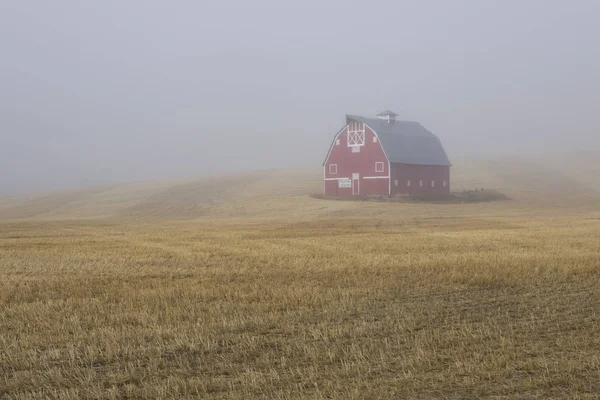 Red barn on a foggy morning on the Palouse. — Stock Photo, Image